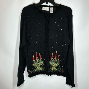 Lemongrass | Women’s L Large Black Christmas‎ Embellished Cardigan Sweater